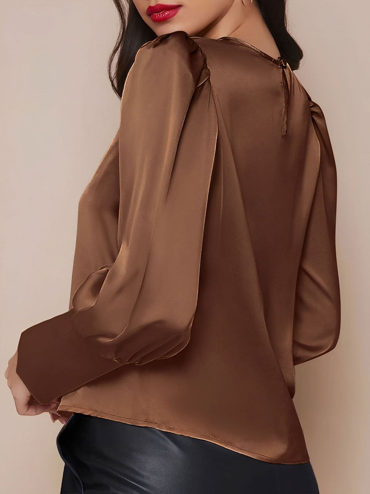 Satin Crew Neck Bishop Sleeves Work Blouse