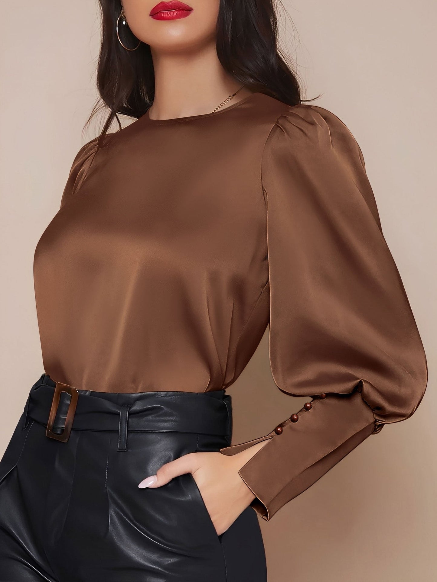 Satin Crew Neck Bishop Sleeves Work Blouse