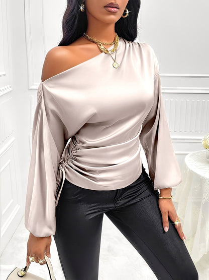 Satin One Shoulder Puff Sleeves Ruched Blouse