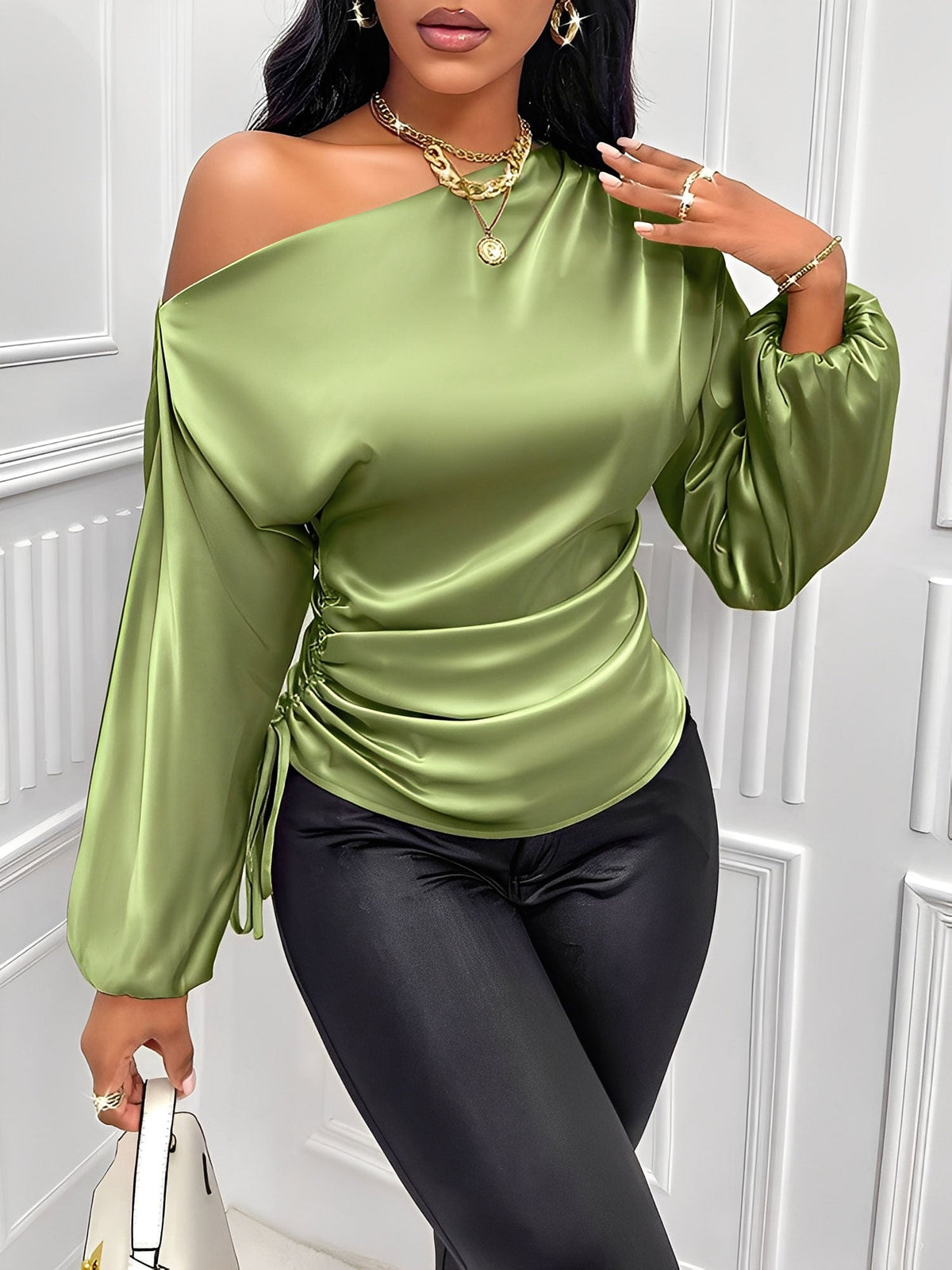 Satin One Shoulder Puff Sleeves Ruched Blouse