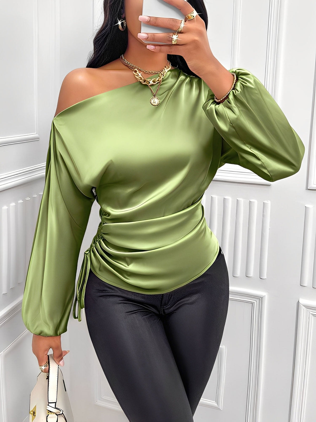 Satin One Shoulder Puff Sleeves Ruched Blouse