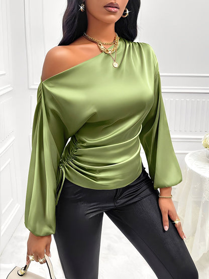 Satin One Shoulder Puff Sleeves Ruched Blouse