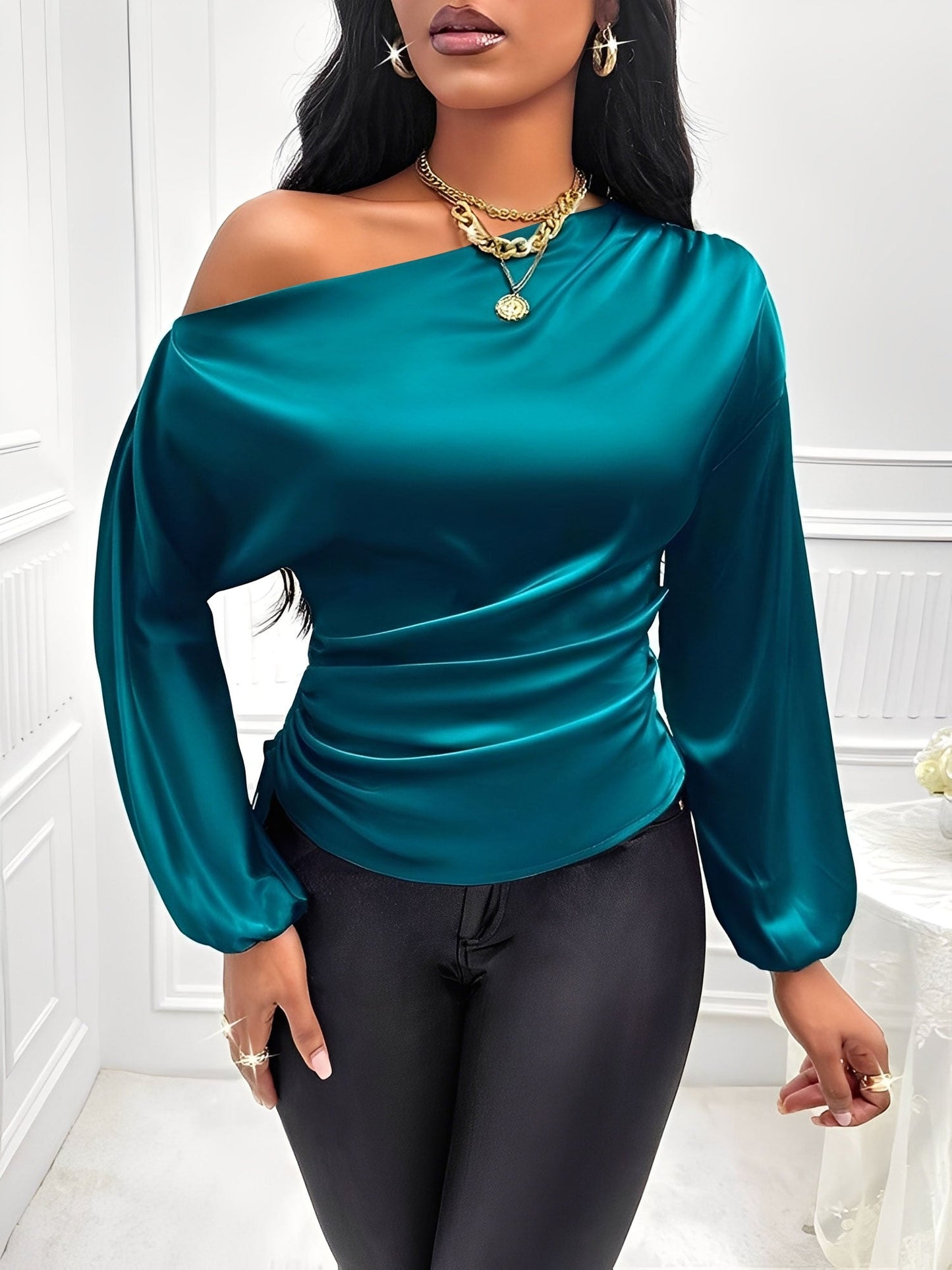 Satin One Shoulder Puff Sleeves Ruched Blouse
