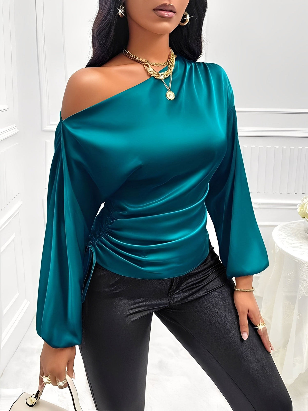 Satin One Shoulder Puff Sleeves Ruched Blouse