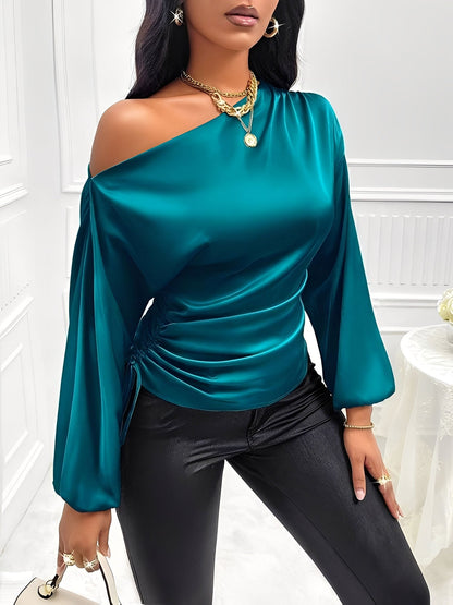 Satin One Shoulder Puff Sleeves Ruched Blouse