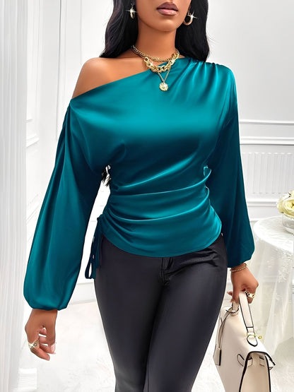 Satin One Shoulder Puff Sleeves Ruched Blouse