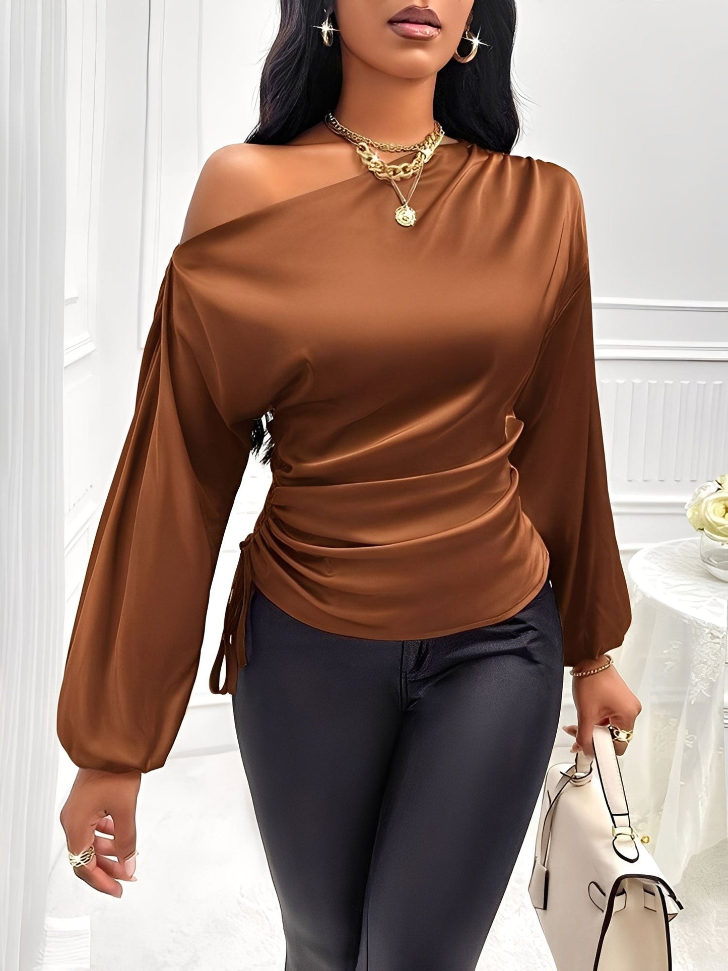 Satin One Shoulder Puff Sleeves Ruched Blouse