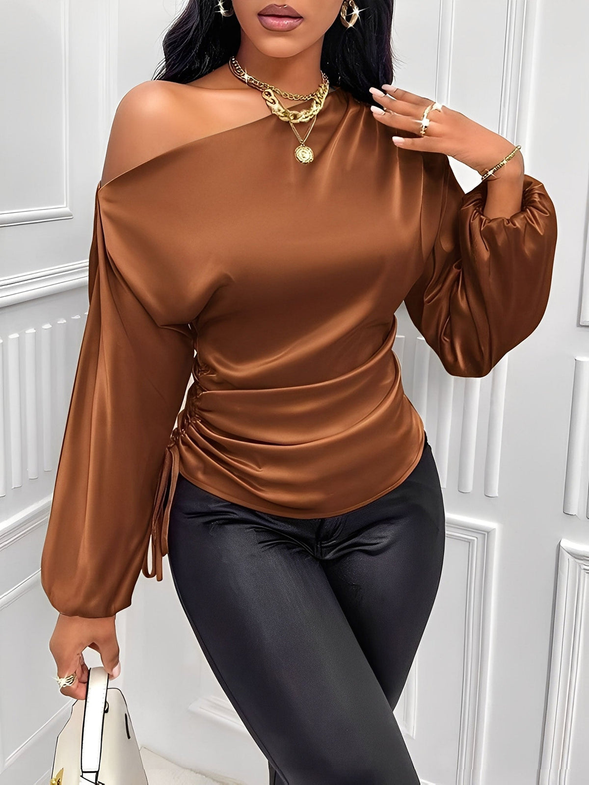 Satin One Shoulder Puff Sleeves Ruched Blouse