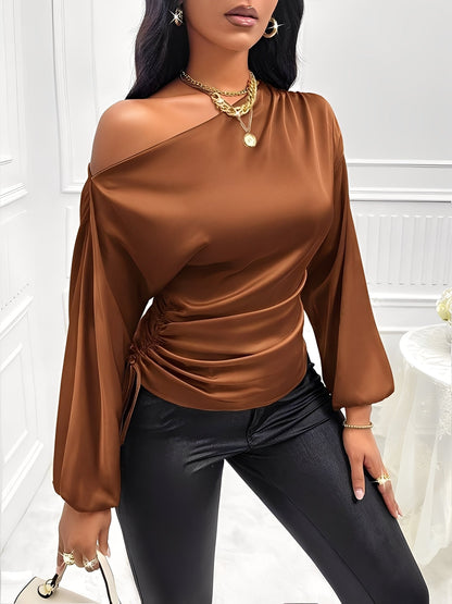 Satin One Shoulder Puff Sleeves Ruched Blouse