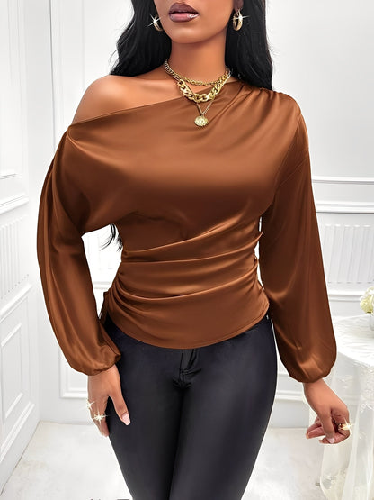 Satin One Shoulder Puff Sleeves Ruched Blouse
