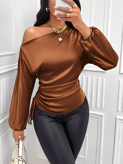 Satin One Shoulder Puff Sleeves Ruched Blouse