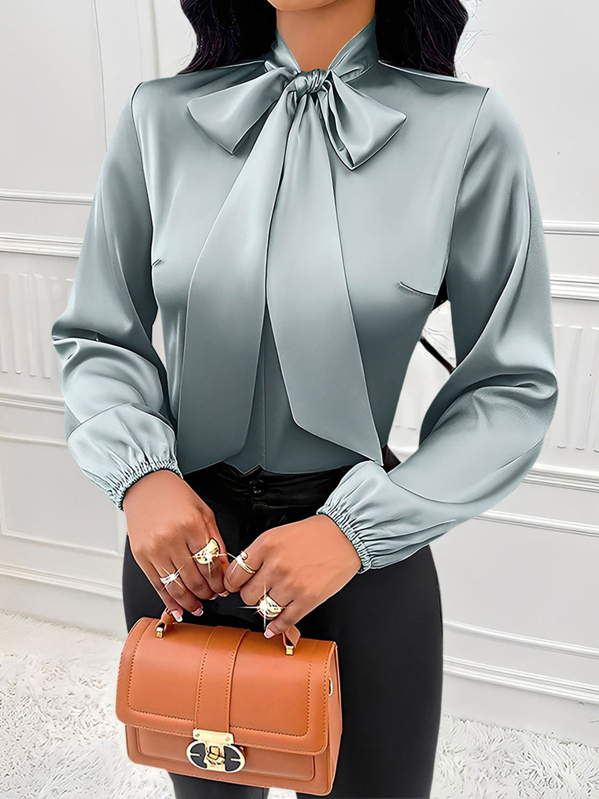 Satin Solid Color Bow-Tie Long Sleeve Blouse