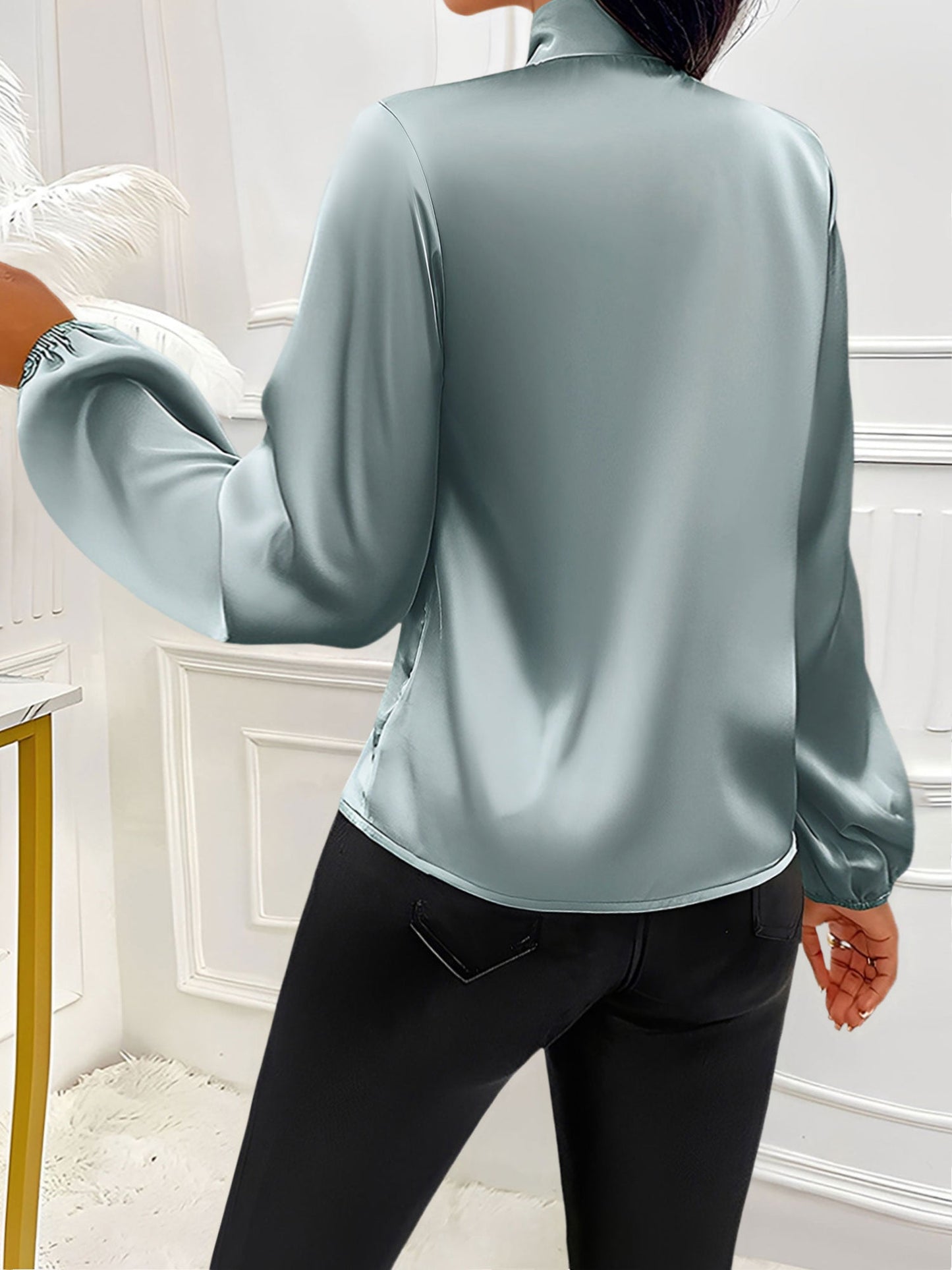Satin Solid Color Bow-Tie Long Sleeve Blouse