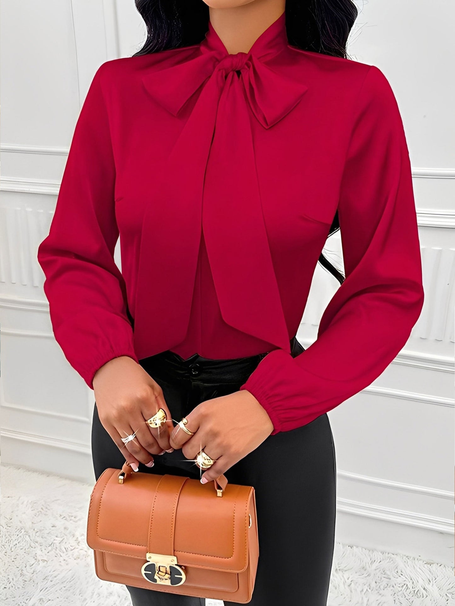 Satin Solid Color Bow-Tie Long Sleeve Blouse