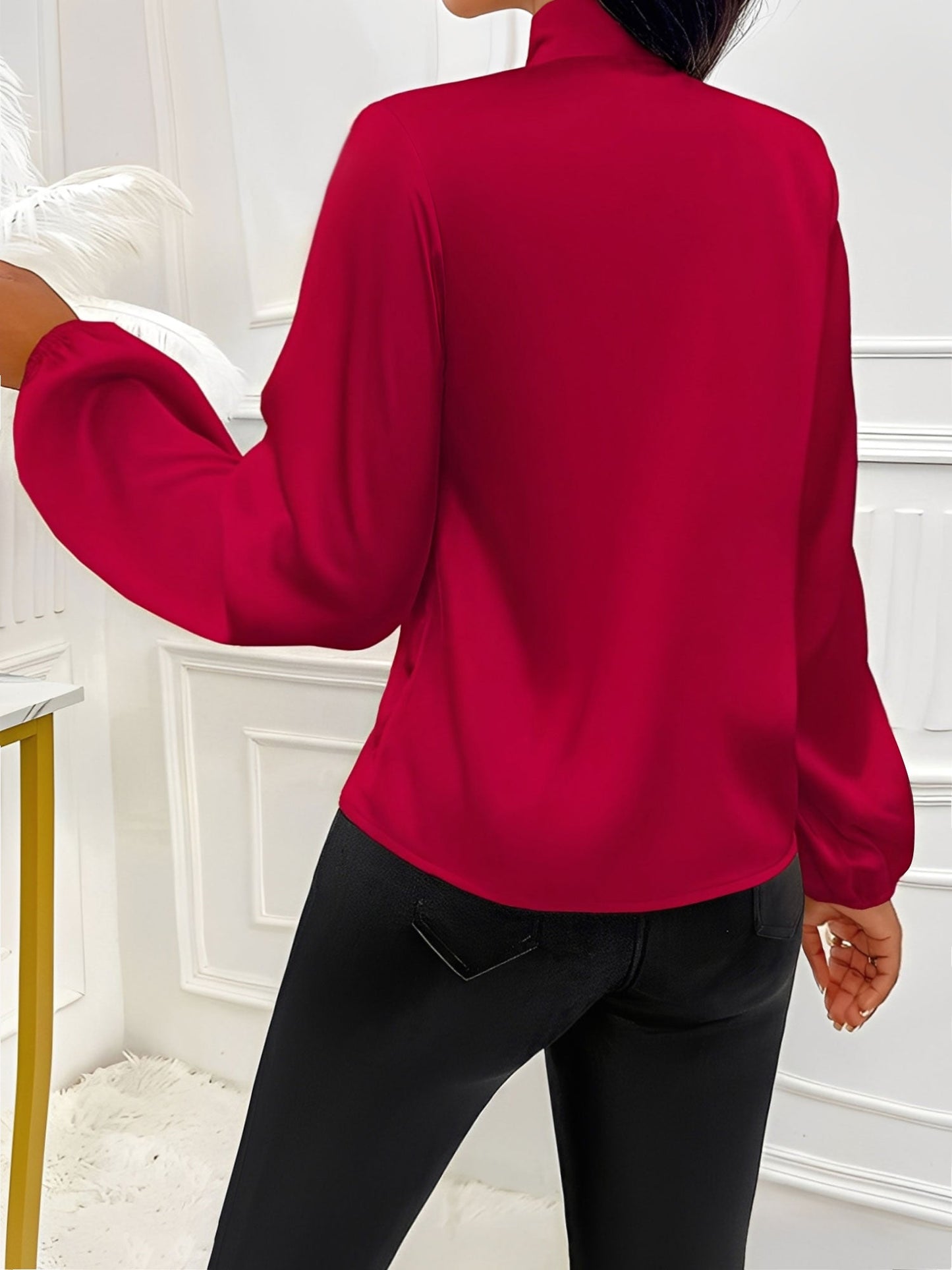 Satin Solid Color Bow-Tie Long Sleeve Blouse