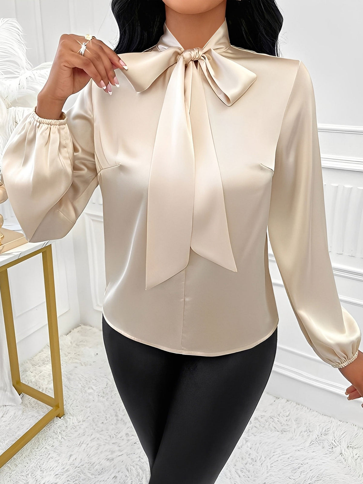 Satin Solid Color Bow-Tie Long Sleeve Blouse