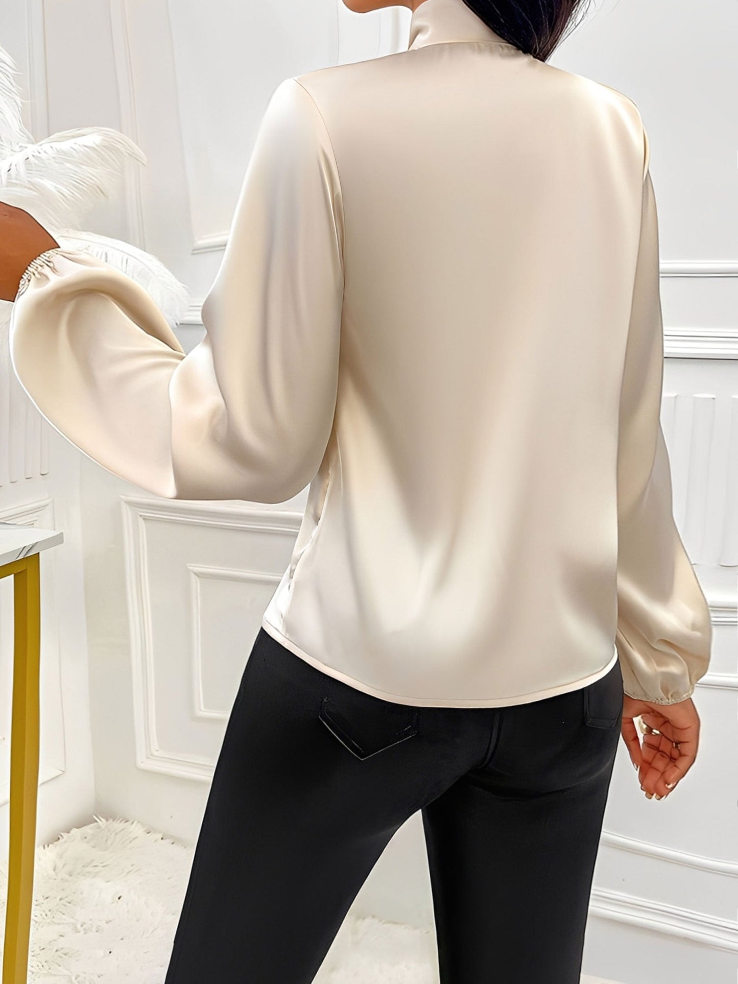 Satin Solid Color Bow-Tie Long Sleeve Blouse