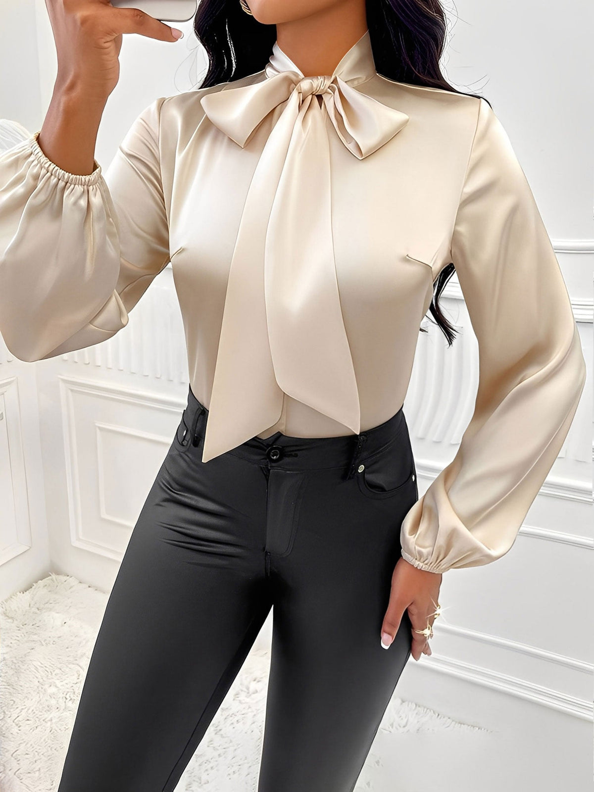 Satin Solid Color Bow-Tie Long Sleeve Blouse