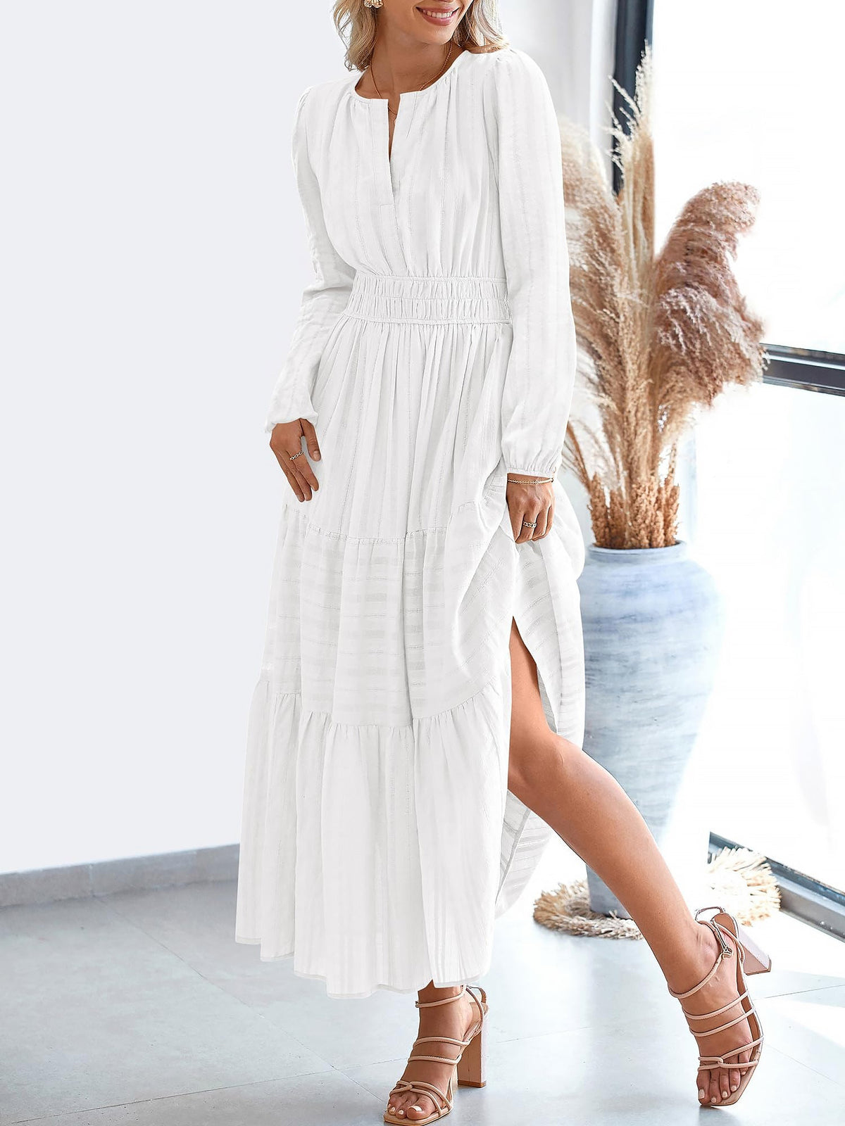 Notch Neck Puff Long Sleeves Pockets Tiered A-Line Midi Dress
