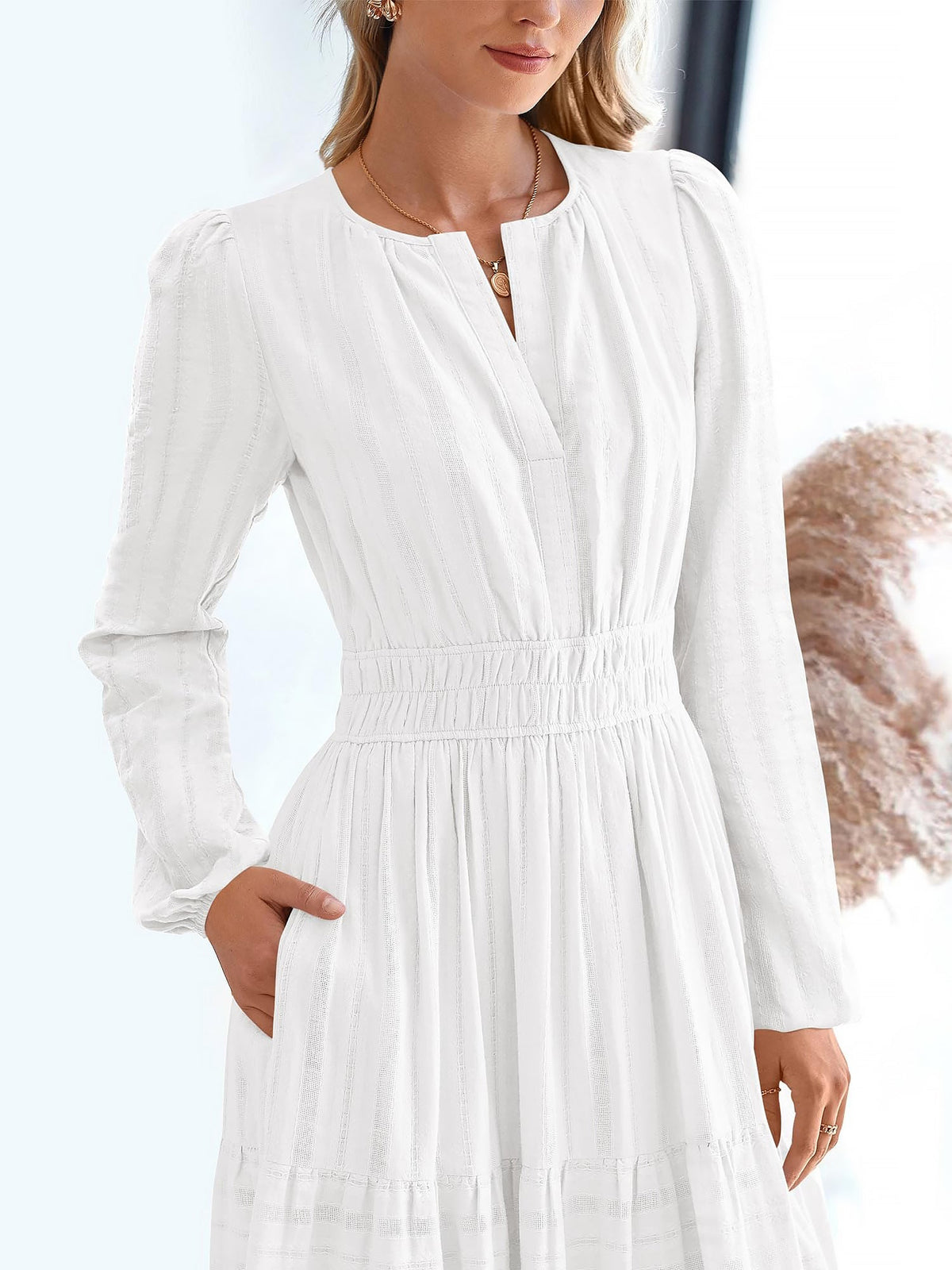 Notch Neck Puff Long Sleeves Pockets Tiered A-Line Midi Dress