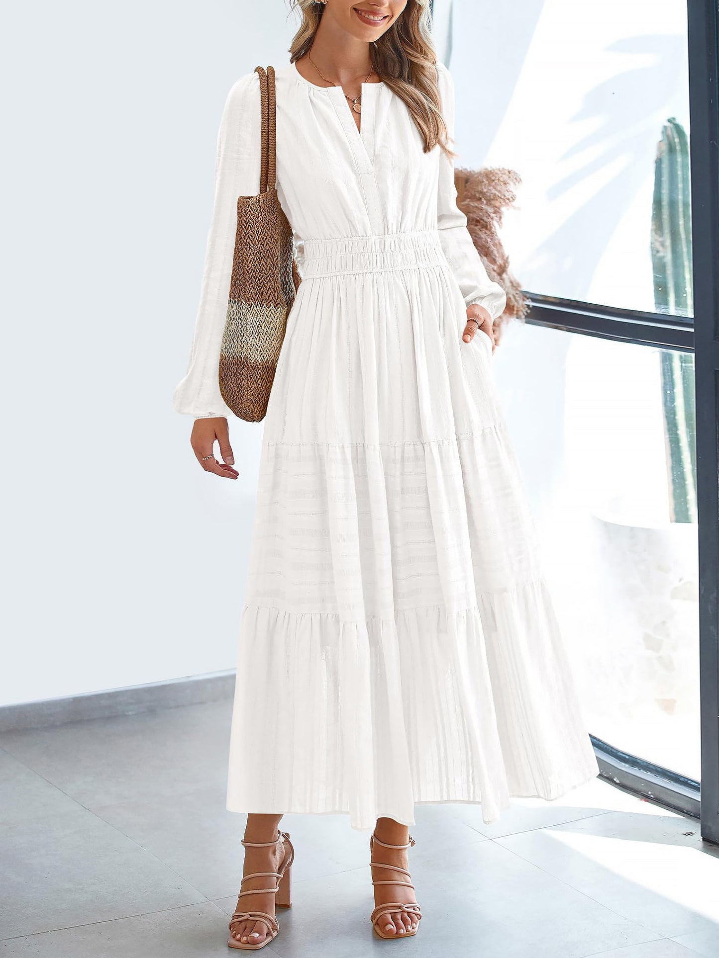Notch Neck Puff Long Sleeves Pockets Tiered A-Line Midi Dress