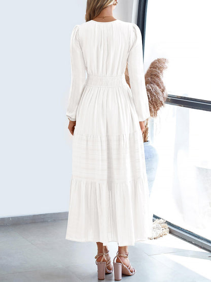 Notch Neck Puff Long Sleeves Pockets Tiered A-Line Midi Dress