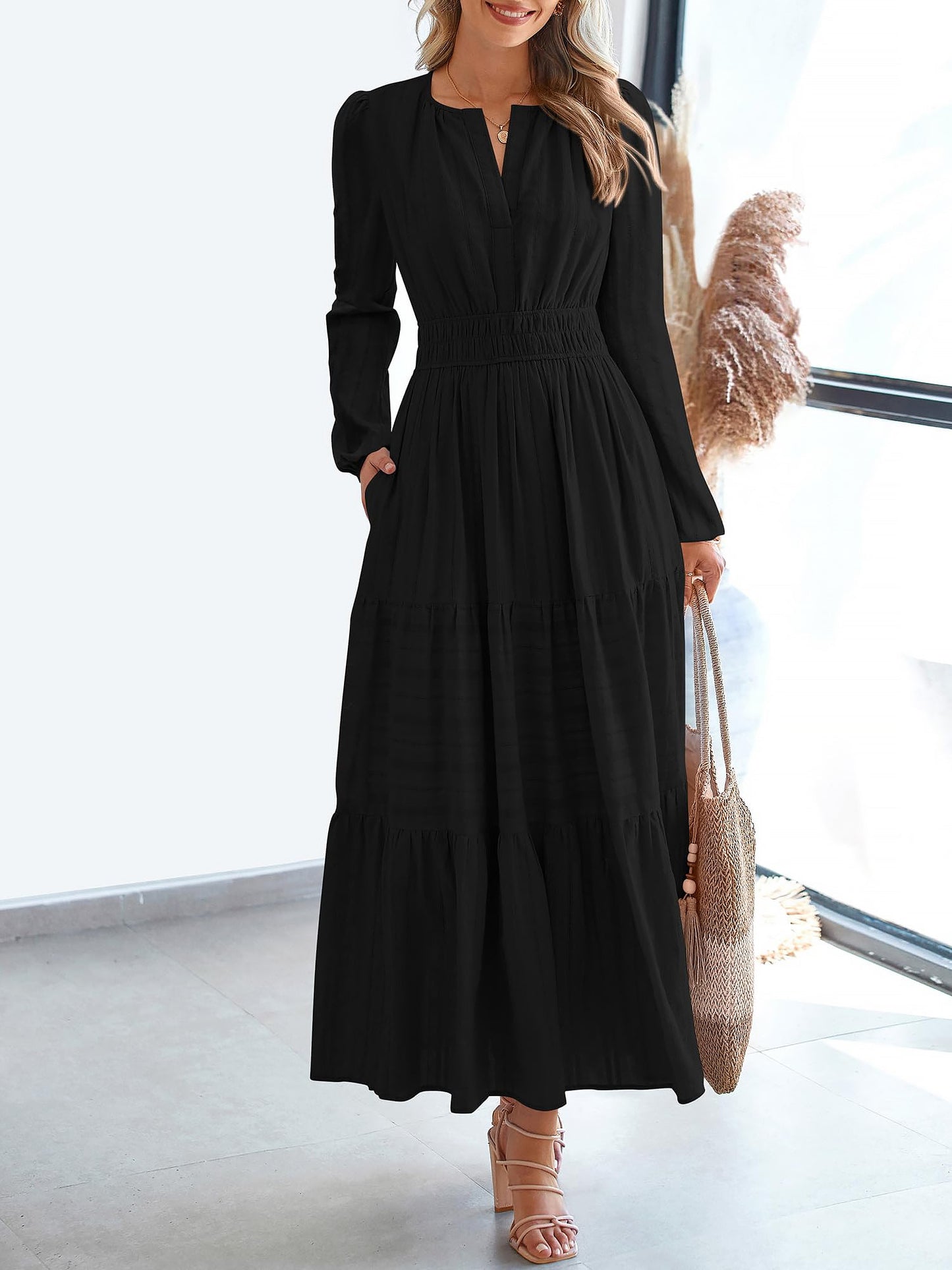 Notch Neck Puff Long Sleeves Pockets Tiered A-Line Midi Dress