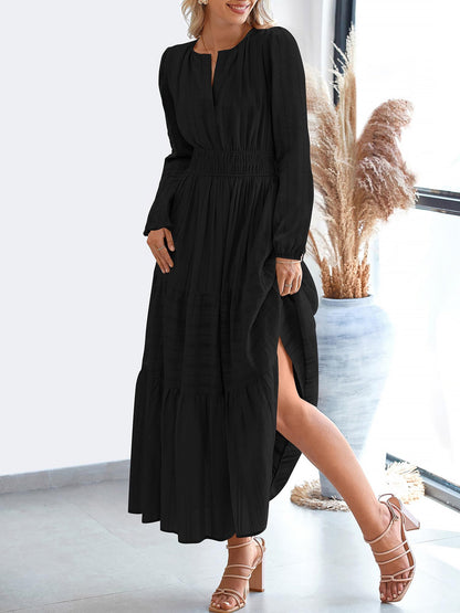Notch Neck Puff Long Sleeves Pockets Tiered A-Line Midi Dress