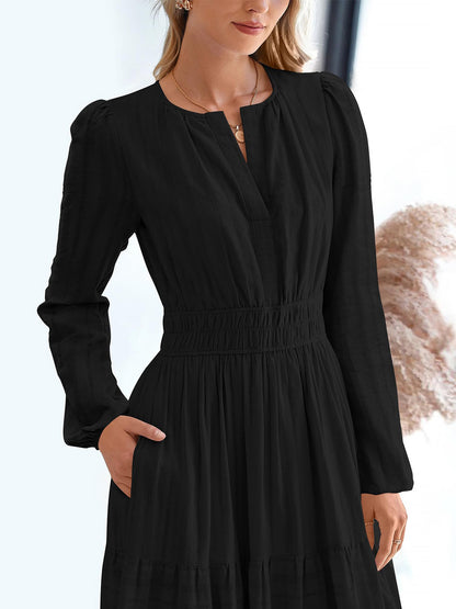 Notch Neck Puff Long Sleeves Pockets Tiered A-Line Midi Dress