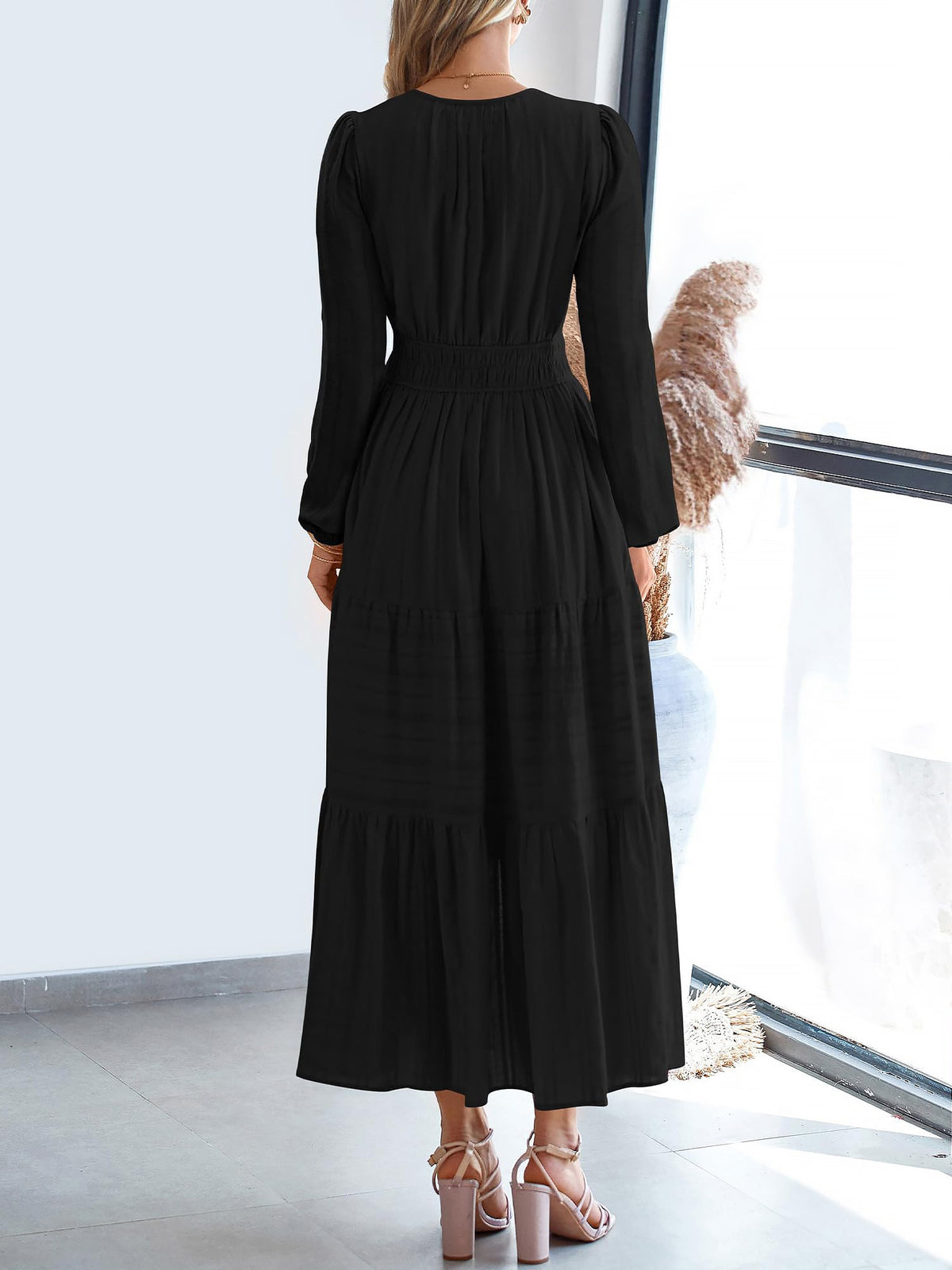 Notch Neck Puff Long Sleeves Pockets Tiered A-Line Midi Dress