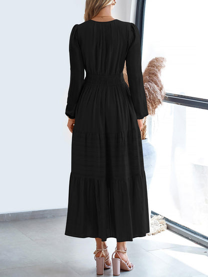 Notch Neck Puff Long Sleeves Pockets Tiered A-Line Midi Dress