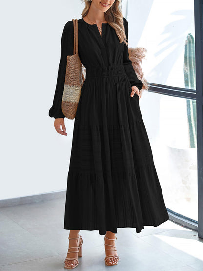 Notch Neck Puff Long Sleeves Pockets Tiered A-Line Midi Dress