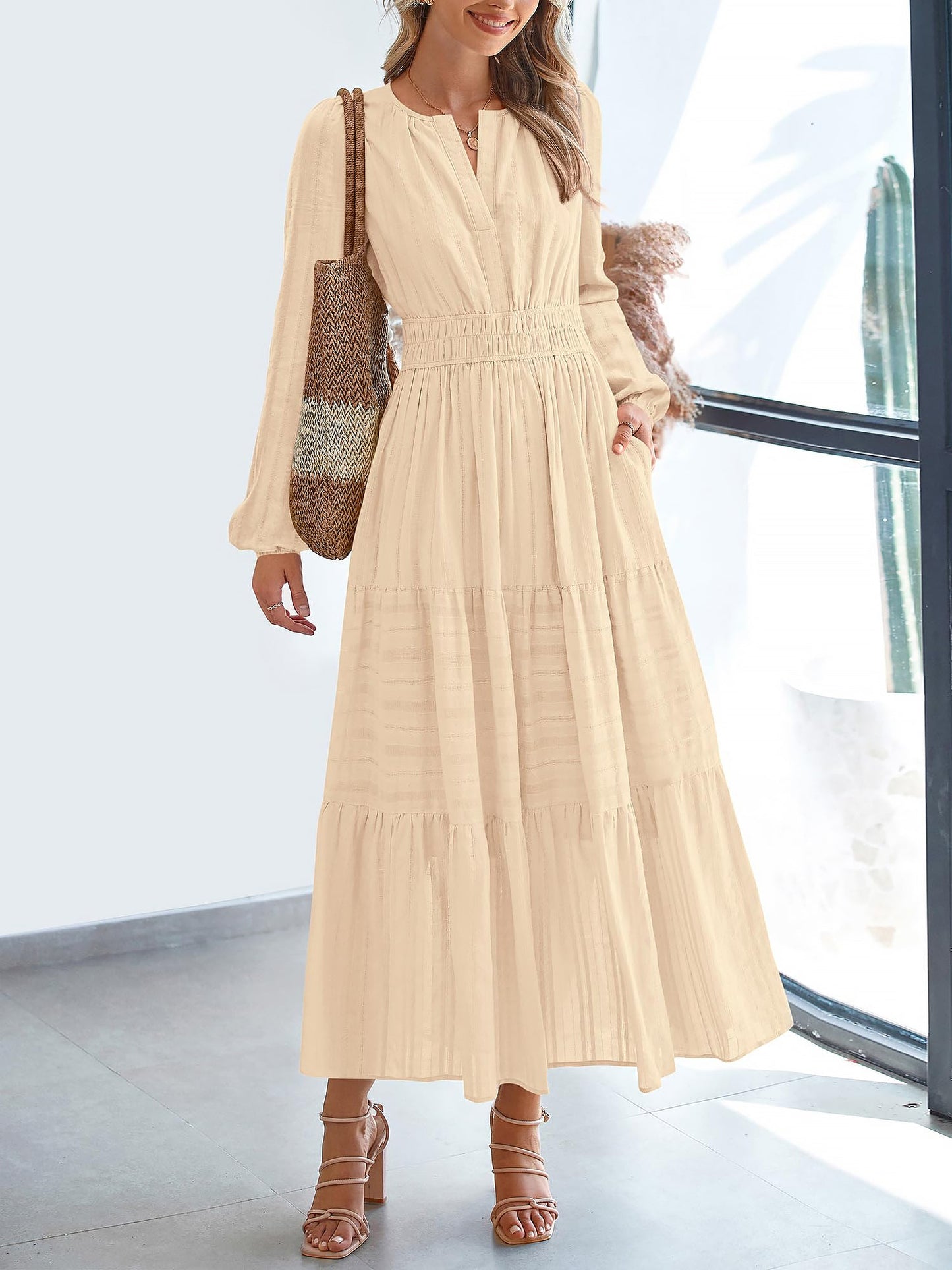 Notch Neck Puff Long Sleeves Pockets Tiered A-Line Midi Dress