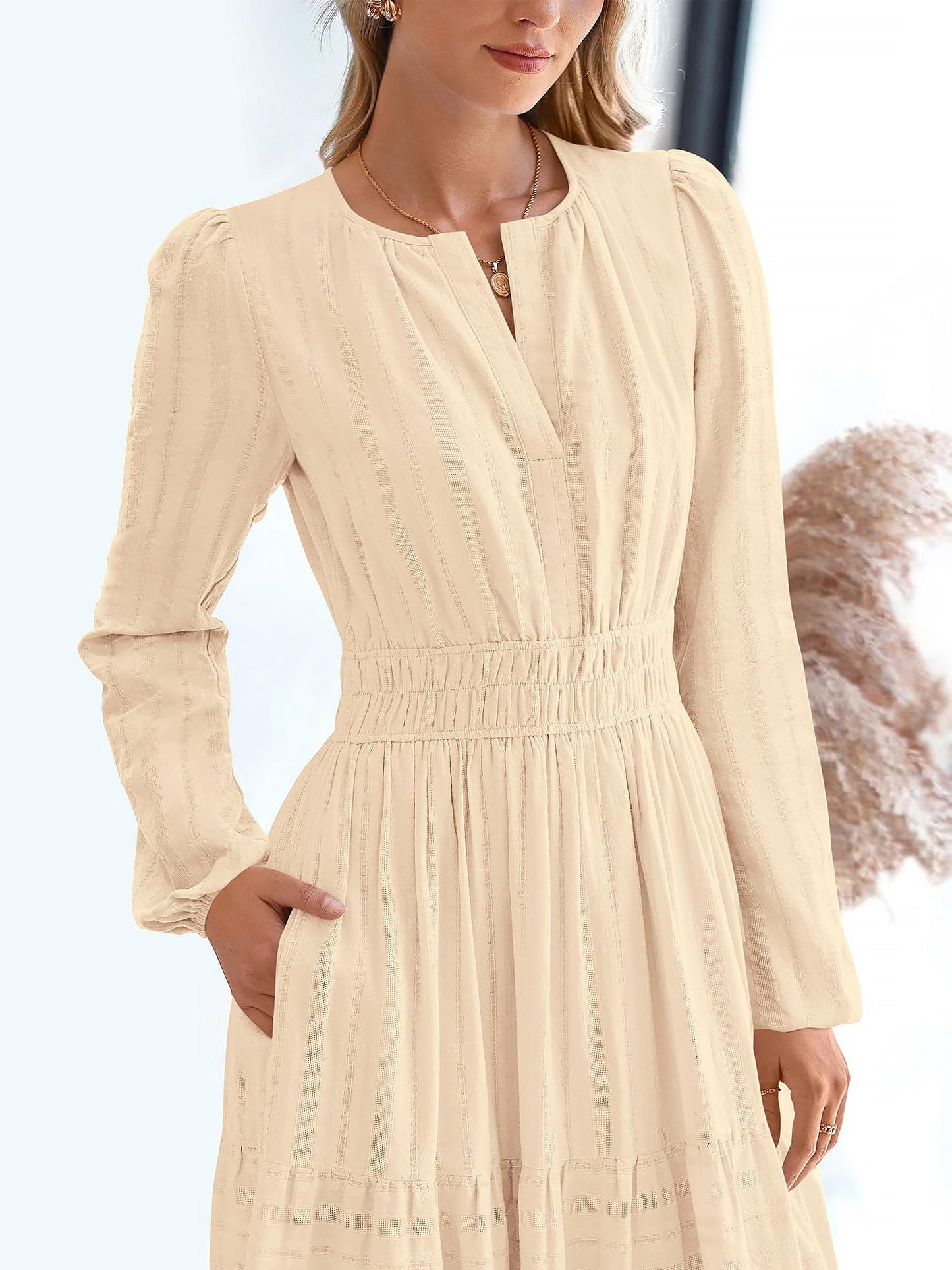 Notch Neck Puff Long Sleeves Pockets Tiered A-Line Midi Dress
