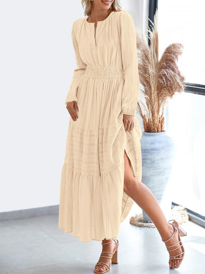 Notch Neck Puff Long Sleeves Pockets Tiered A-Line Midi Dress