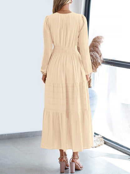 Notch Neck Puff Long Sleeves Pockets Tiered A-Line Midi Dress