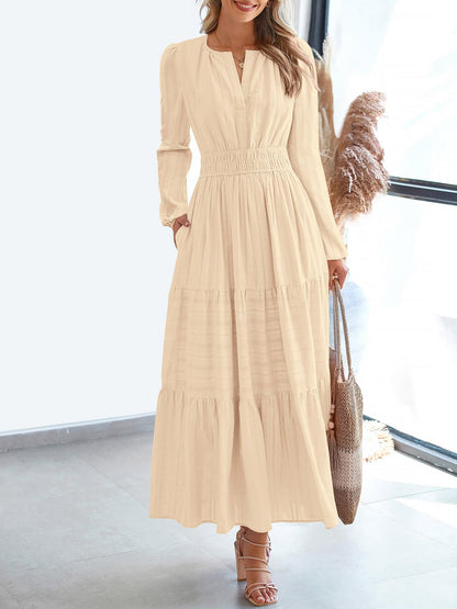 Notch Neck Puff Long Sleeves Pockets Tiered A-Line Midi Dress