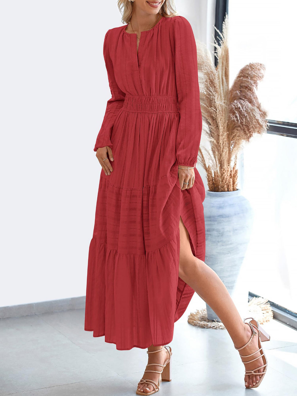 Notch Neck Puff Long Sleeves Pockets Tiered A-Line Midi Dress