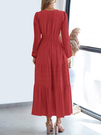 Notch Neck Puff Long Sleeves Pockets Tiered A-Line Midi Dress