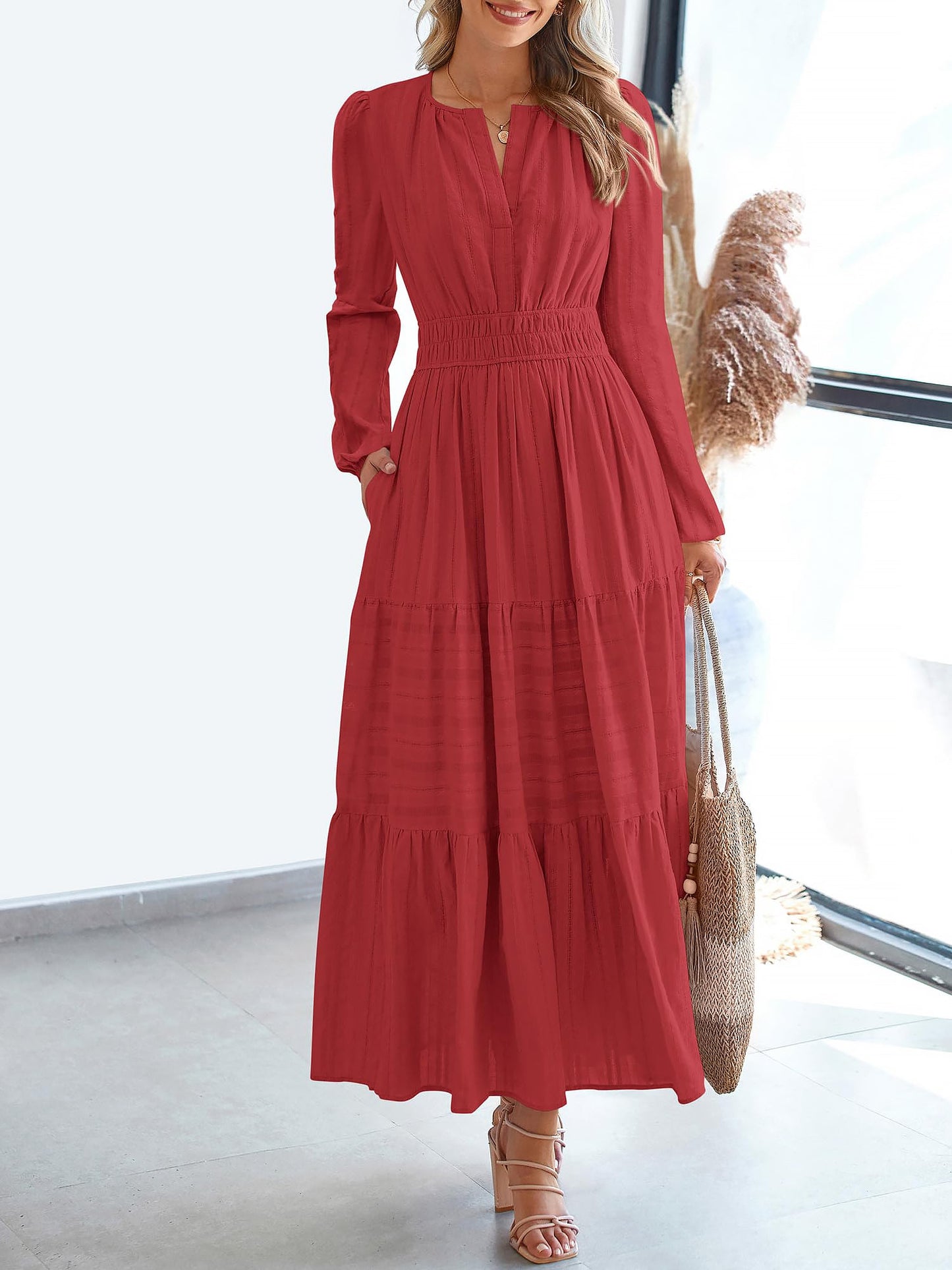 Notch Neck Puff Long Sleeves Pockets Tiered A-Line Midi Dress
