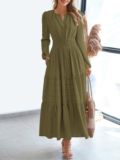 Notch Neck Puff Long Sleeves Pockets Tiered A-Line Midi Dress