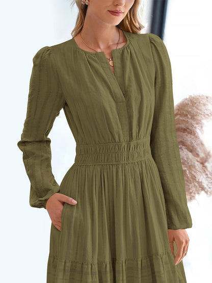 Notch Neck Puff Long Sleeves Pockets Tiered A-Line Midi Dress