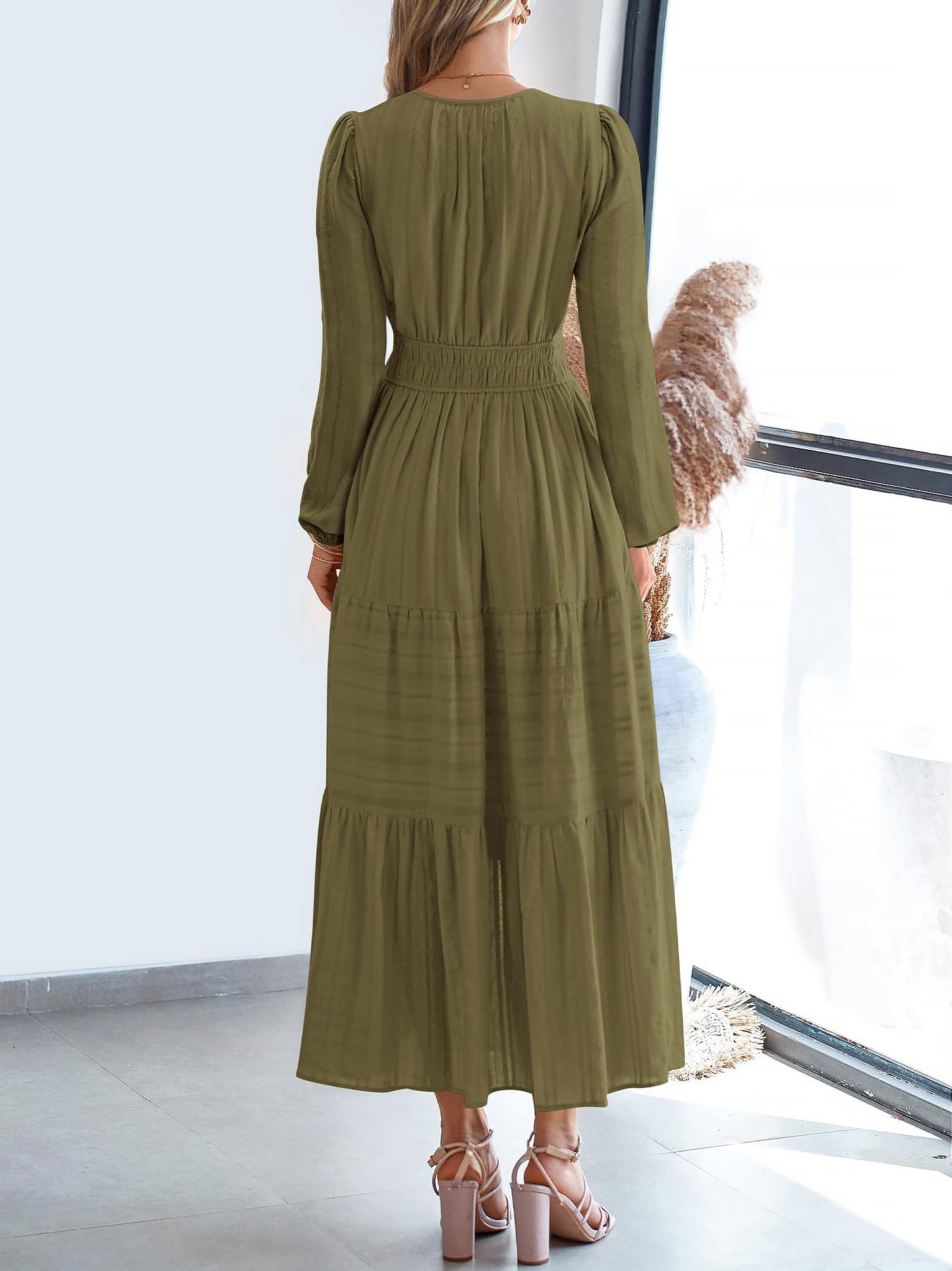 Notch Neck Puff Long Sleeves Pockets Tiered A-Line Midi Dress