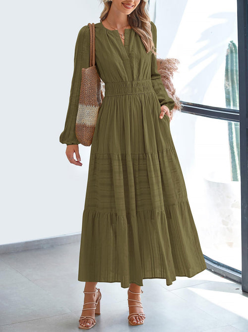Notch Neck Puff Long Sleeves Pockets Tiered A-Line Midi Dress