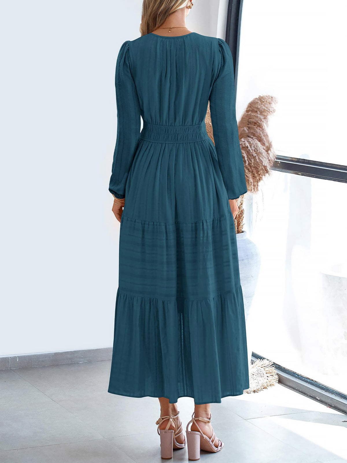 Notch Neck Puff Long Sleeves Pockets Tiered A-Line Midi Dress