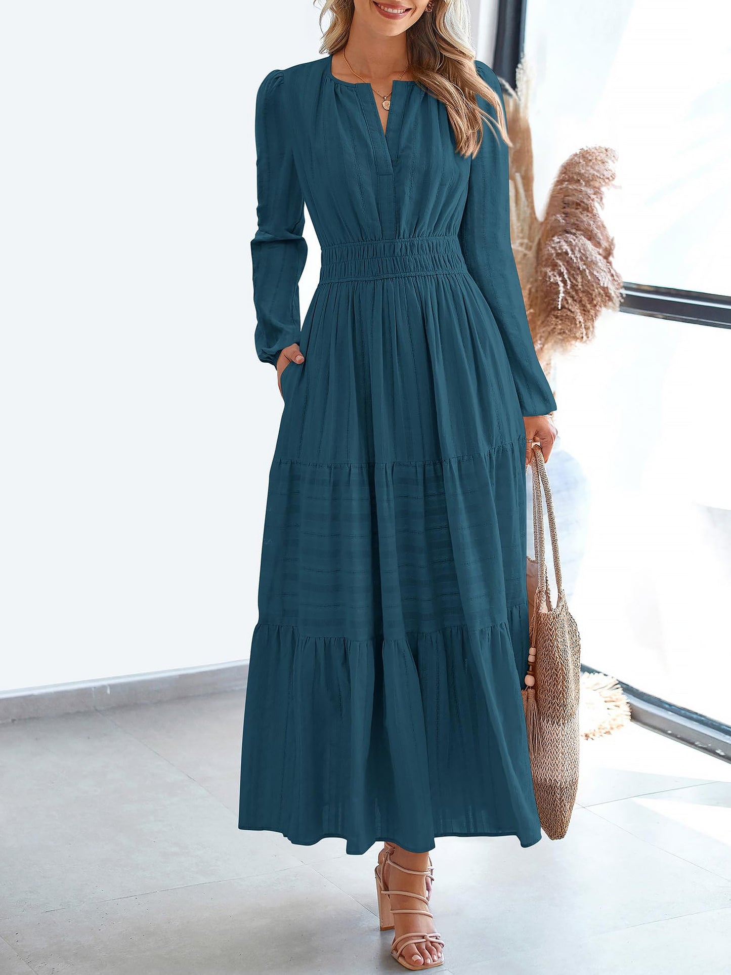 Notch Neck Puff Long Sleeves Pockets Tiered A-Line Midi Dress