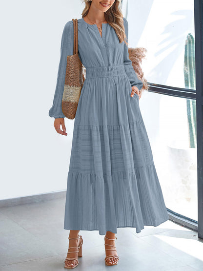 Notch Neck Puff Long Sleeves Pockets Tiered A-Line Midi Dress