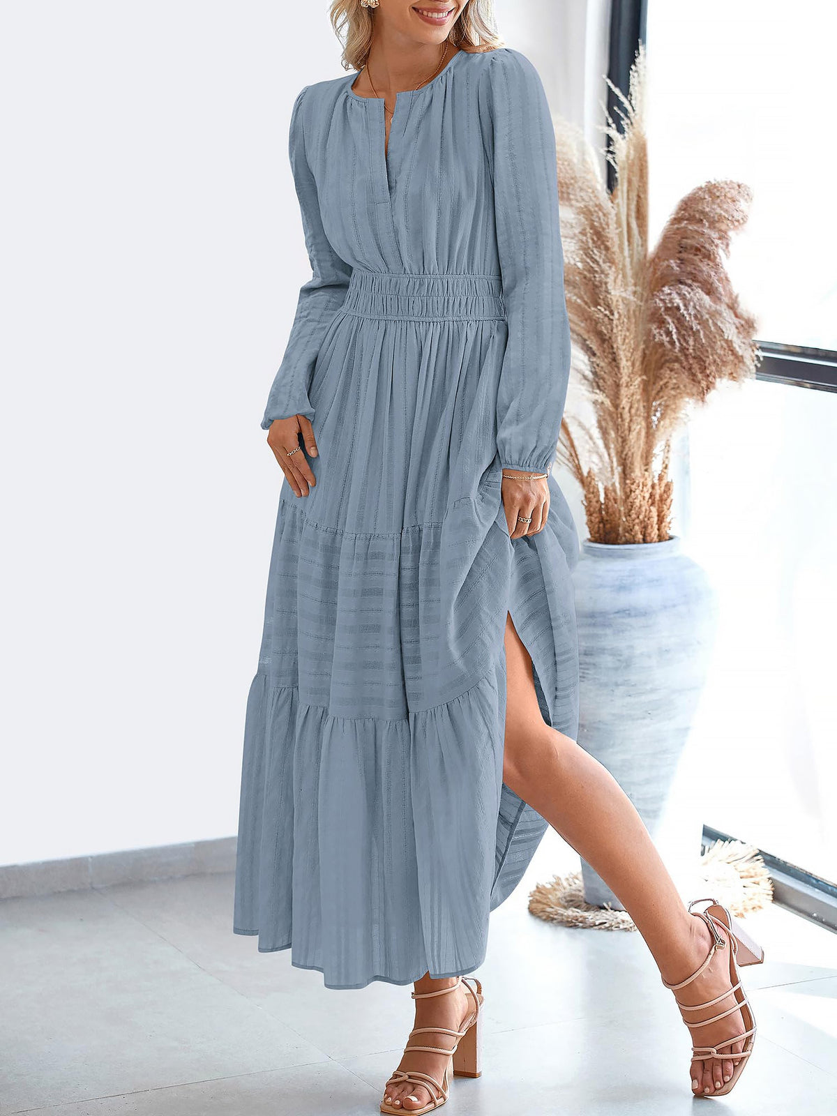 Notch Neck Puff Long Sleeves Pockets Tiered A-Line Midi Dress