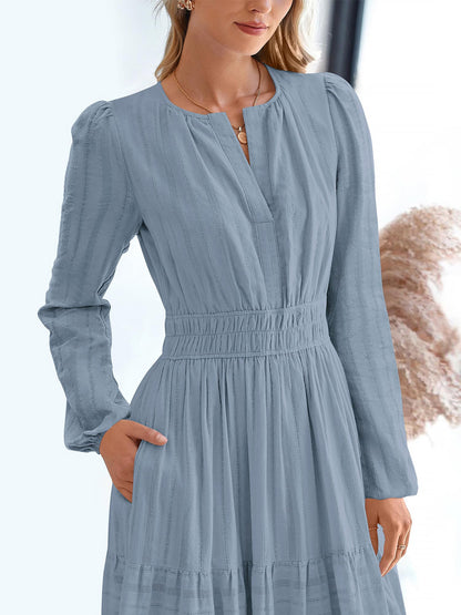 Notch Neck Puff Long Sleeves Pockets Tiered A-Line Midi Dress