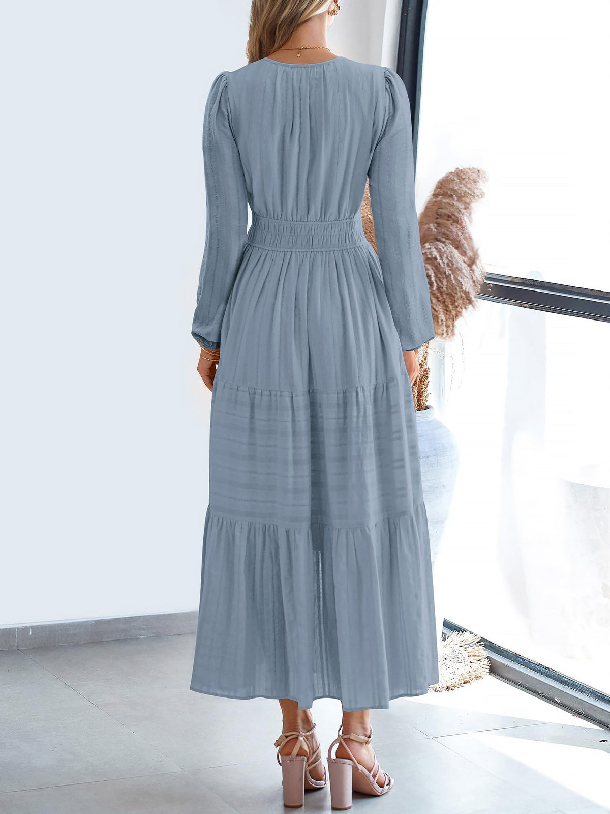 Notch Neck Puff Long Sleeves Pockets Tiered A-Line Midi Dress